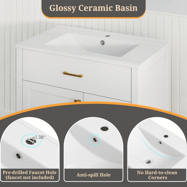 Glossy ceramic basin of a white single bathroom vanity with pre-drilled faucet hole and anti-spill feature for modern.