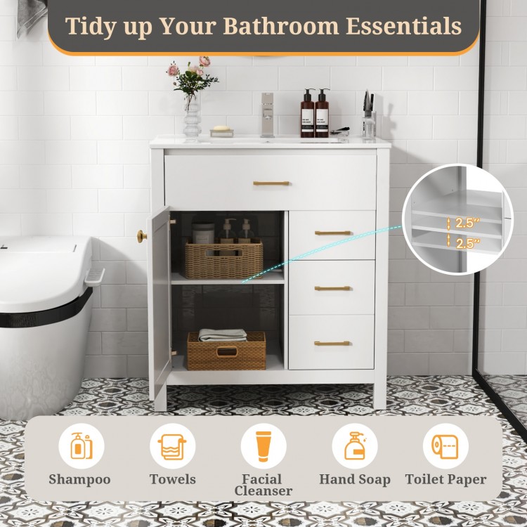 Single bathroom vanity in white with 2 drawers and 1 door, featuring a glossy ceramic basin for modern storage.