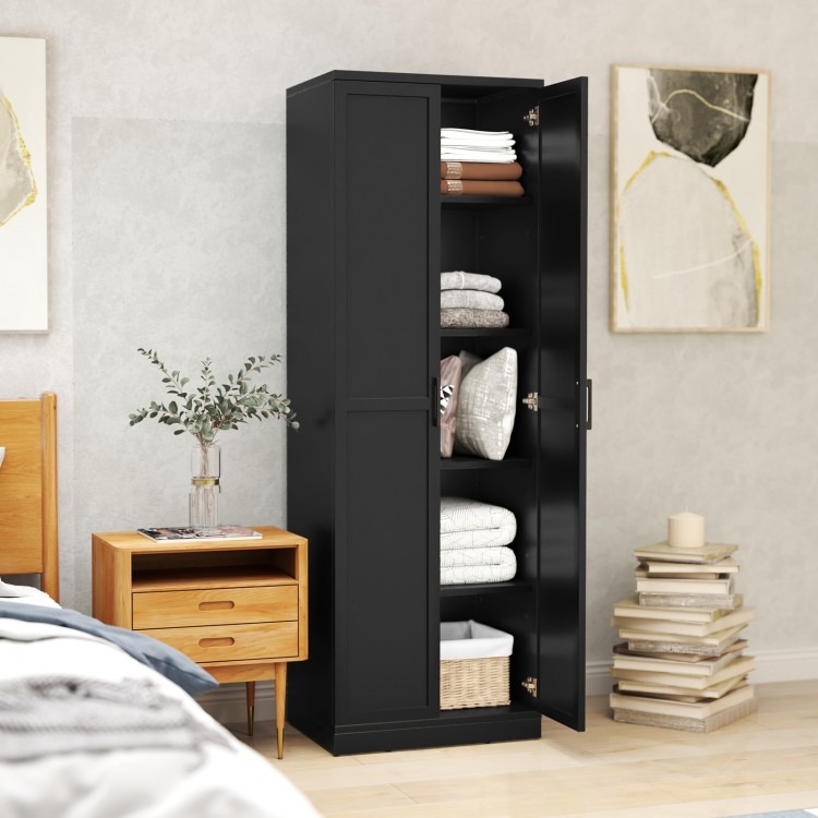 Freestanding black storage cabinet with 2 doors and 5 shelves, perfect for versatile storage in any room.