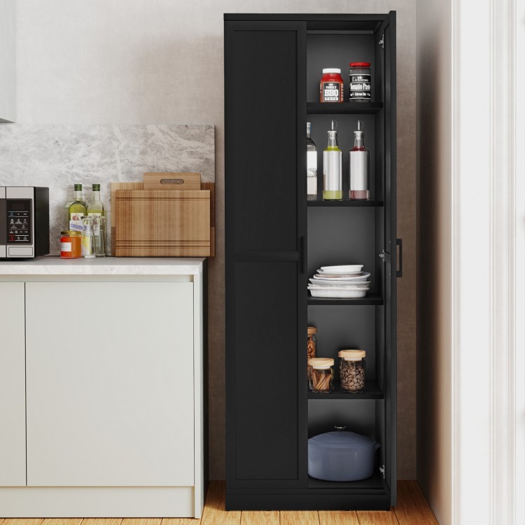 Tall black freestanding storage cabinet with 2 doors and 5 adjustable shelves, perfect for kitchen or garage.