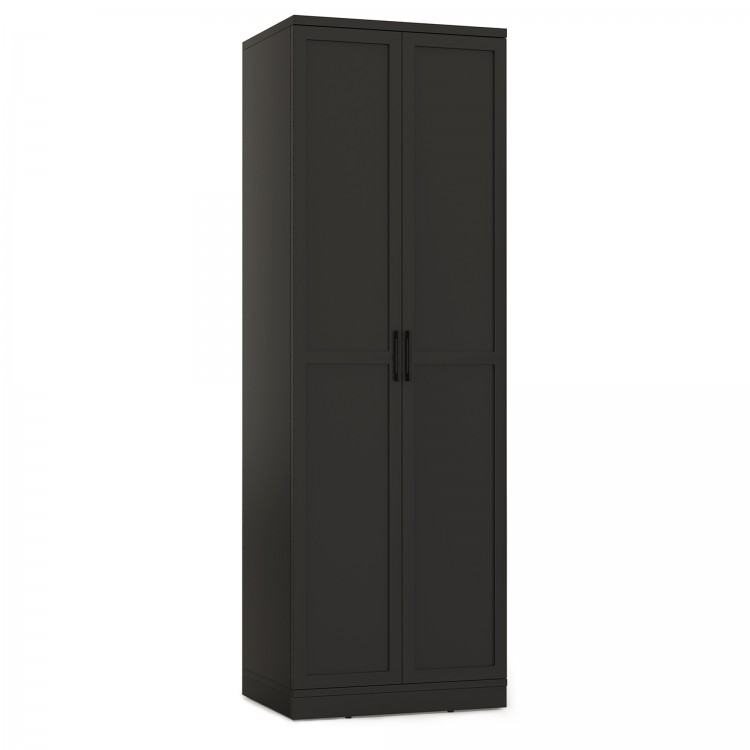 Tall black freestanding storage cabinet with 2 doors and 5 adjustable shelves, ideal for versatile home organization.
