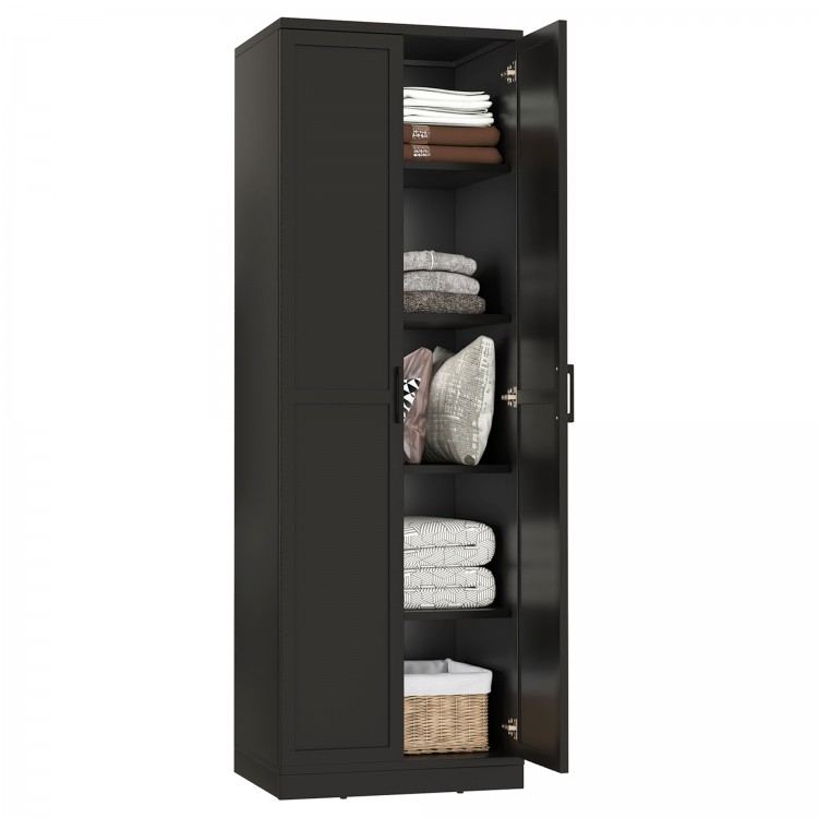 Tall black 70-inch freestanding storage cabinet with 2 doors and 5 adjustable shelves for versatile organization.