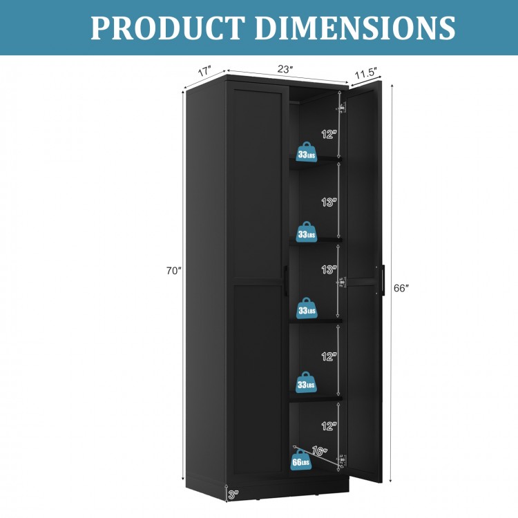Freestanding black storage cabinet dimensions showing 70 inches tall with 2 doors and 5 adjustable shelves for.