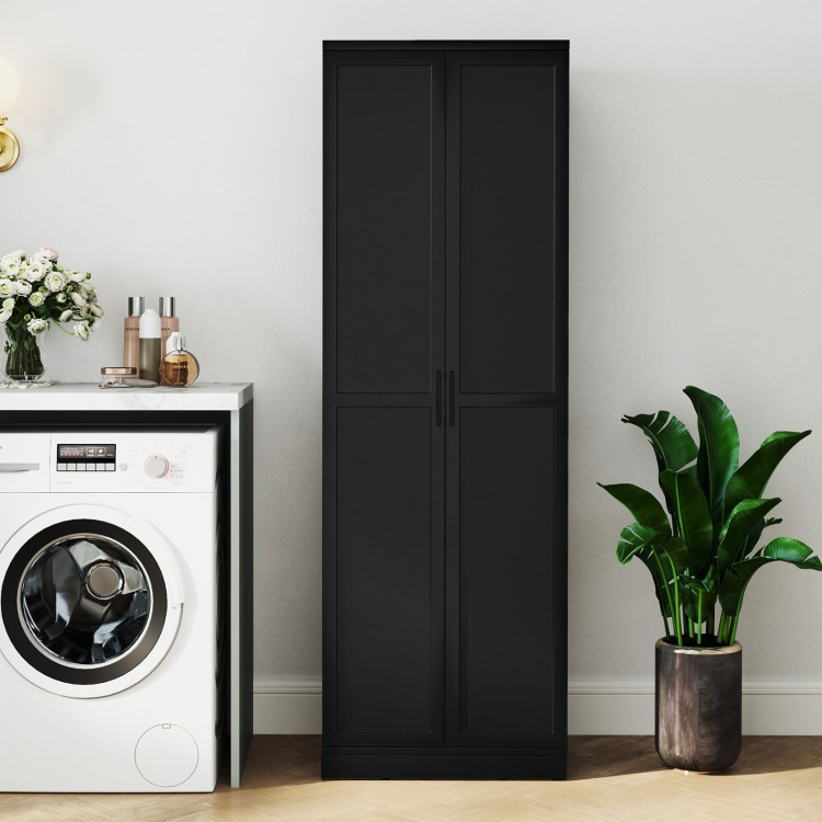 Tall black storage cabinet featuring a sleek design with 2 doors and 5 shelves, perfect for organized storage in any.
