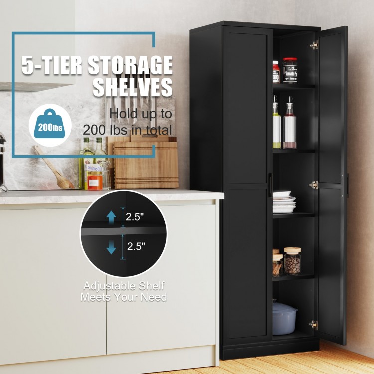 Freestanding 70-inch black storage cabinet with 2 doors and 5 adjustable shelves for versatile organization.