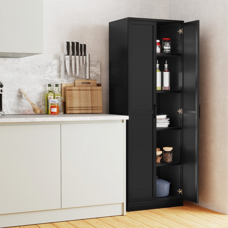 Tall black freestanding storage cabinet with 2 doors and 5 adjustable shelves, ideal for kitchen or garage organization.