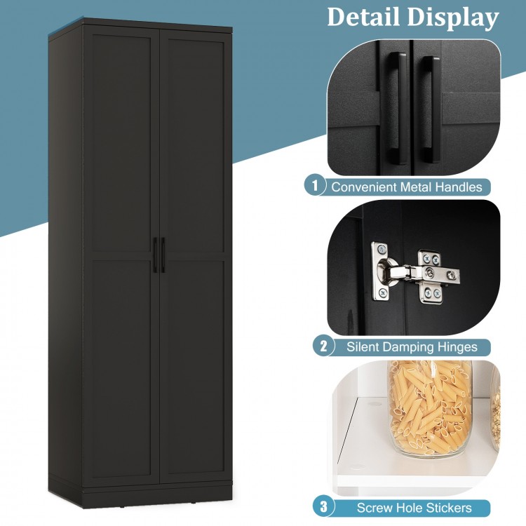 Tall black 70-inch freestanding storage cabinet with 2 doors, 5 shelves, and convenient metal handles for versatile use.