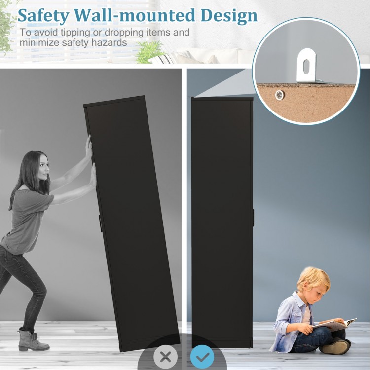 Freestanding 70-inch black storage cabinet with 2 doors, 5 shelves, and anti-tipping design for safe use in various.