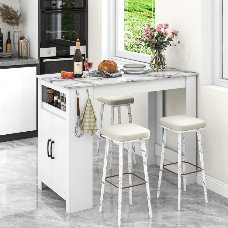 Faux marble bar table with storage compartment and 7 hanging hooks, ideal for modern kitchen or dining areas.