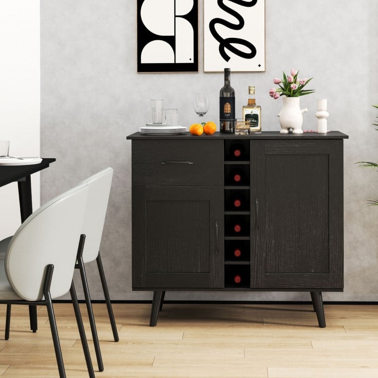 Modern black wine bar buffet cabinet featuring a 6-bottle wine rack and spacious storage, perfect for dining areas.