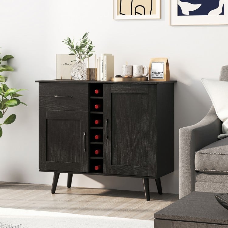 Modern black wine bar buffet cabinet featuring a 6-bottle rack, drawer, and two cabinets, ideal for dining or living.