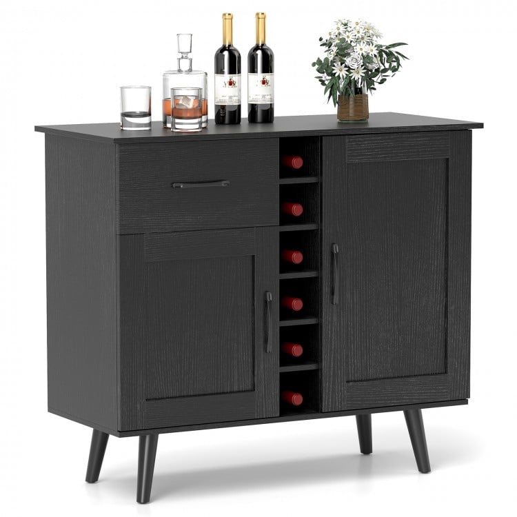 Modern black wine bar buffet cabinet featuring a 6-bottle wine rack, spacious tabletop, and tapered metal legs for.
