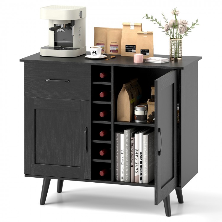 Modern black wine bar buffet cabinet featuring a 6-bottle wine rack and spacious storage for dining or living rooms.