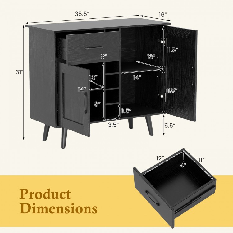 Modern wine bar buffet cabinet in black with dimensions, featuring a 6-bottle wine rack and spacious storage options.
