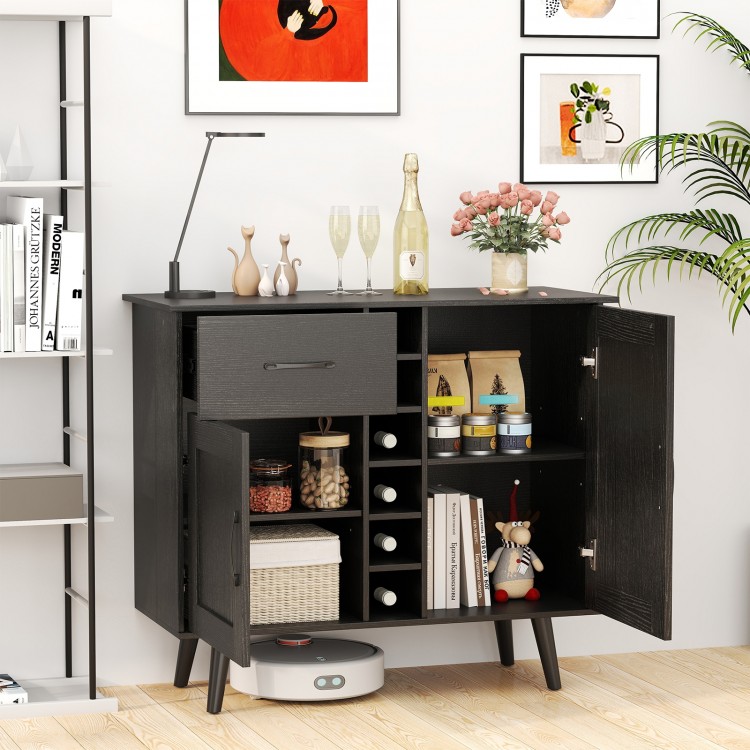 Modern black wine bar buffet cabinet featuring a 6-bottle wine rack, adjustable shelves, and spacious tabletop for.