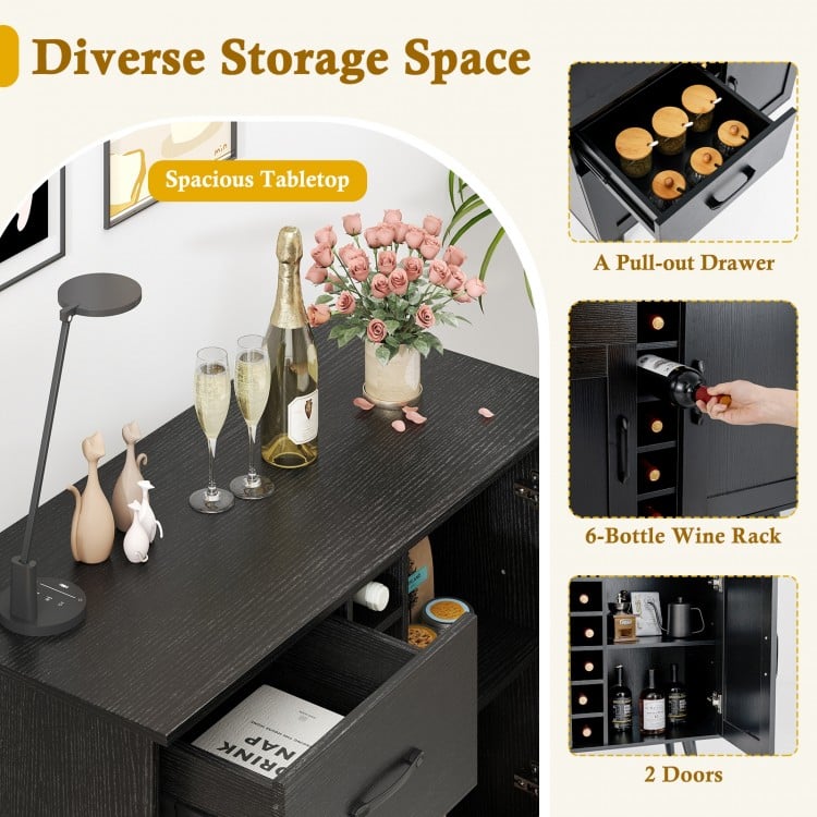 Modern black wine bar buffet cabinet featuring a spacious tabletop, 6-bottle wine rack, and pull-out drawer for.