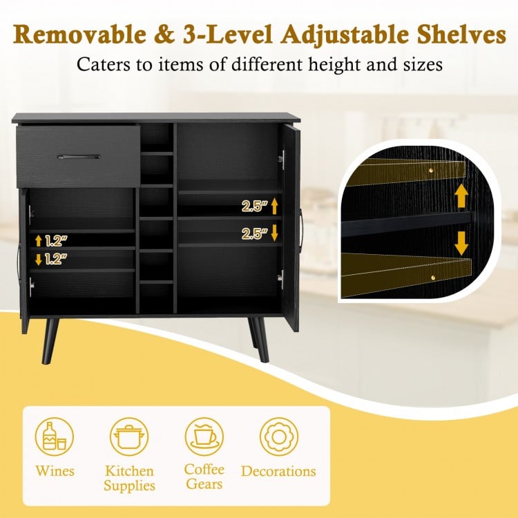 Modern black wine bar buffet cabinet featuring adjustable shelves and a 6-bottle wine rack, perfect for dining spaces.