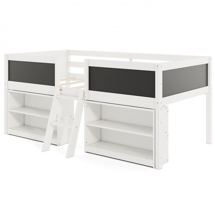 Kid twin size low loft bed in white with chalkboard ramp ladder and two bookcases for creative storage and play.