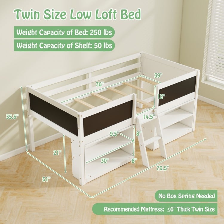 Kid twin size low loft bed in white with a side view of the 2-step ramp ladder and sturdy construction for safety.