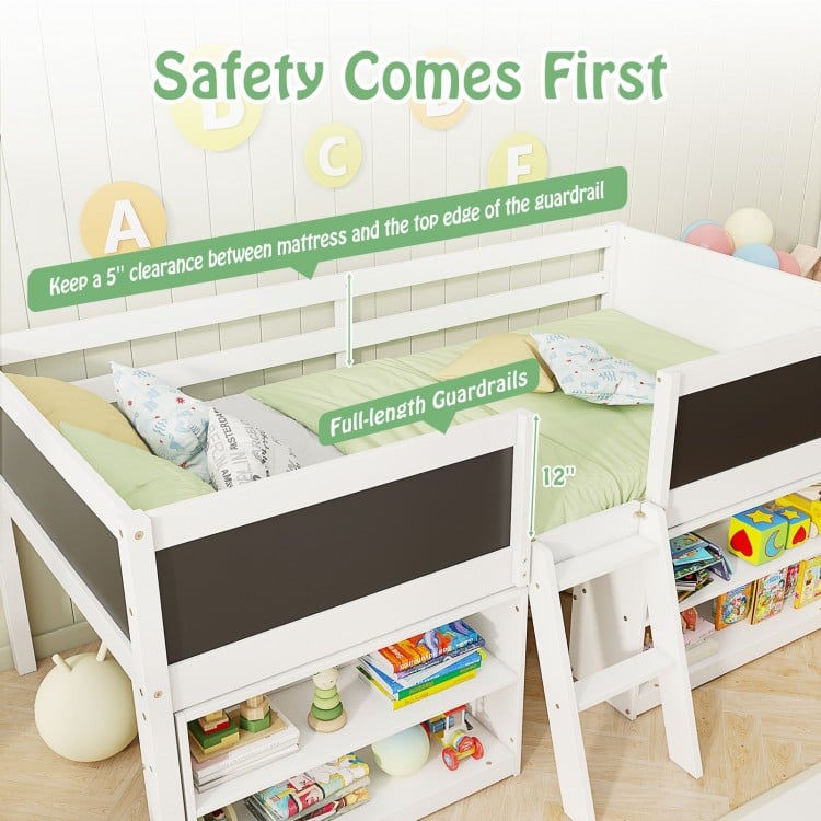 Kid twin size low loft bed with full-length guardrails, chalkboard ramp ladder, and bookcases for creative storage.