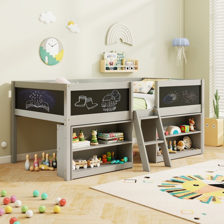 Kid twin size low loft bed in gray with chalkboard ramp ladder, bookcases, and ample under-bed storage for toys.