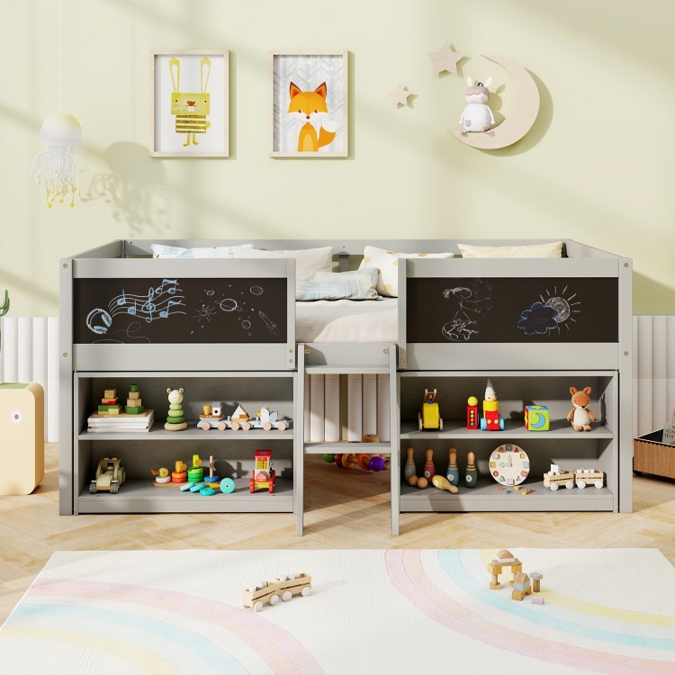 Kid twin size low loft bed in gray with chalkboard ramp ladder and two bookcases for creative play and storage.
