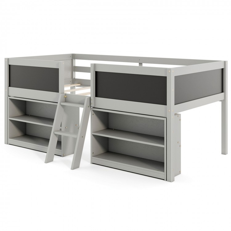 Kid twin size low loft bed in gray with chalkboard ramp ladder, two bookcases, and ample under-bed storage space.