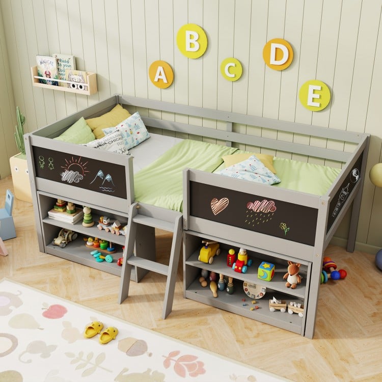 Kid twin size low loft bed in gray with a 2-step ramp ladder, featuring four chalkboards for interactive creativity.