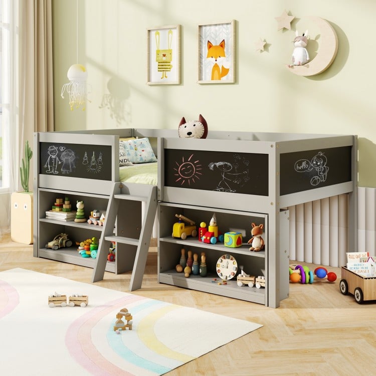 Kid twin size low loft bed in gray with chalkboard ramp ladder and bookcases for creative play and storage.