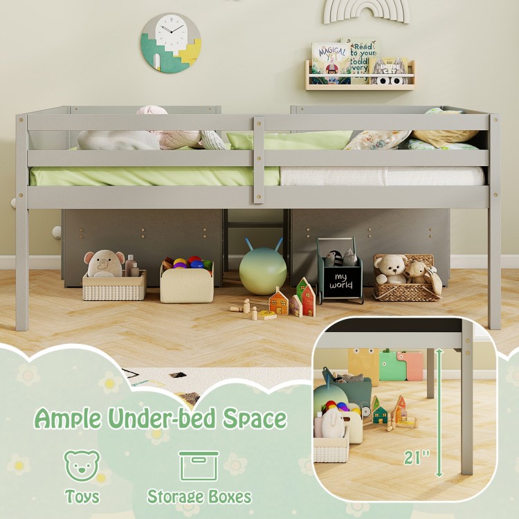 Kid twin size low loft bed in gray with ample under-bed space for toys and storage, featuring a chalkboard ramp ladder.