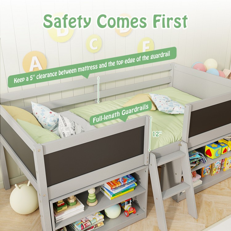Kid twin size low loft bed in gray with full-length guardrails, chalkboard ramp ladder, and bookcases for storage.