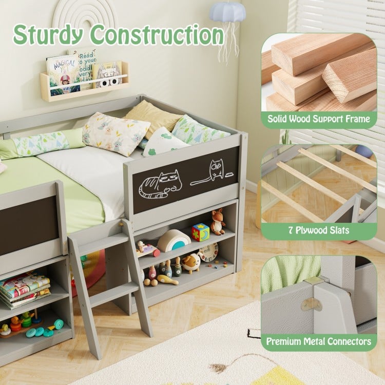 Kid twin size low loft bed in gray with chalkboard ramp ladder, bookcases, and sturdy wood construction for kids' rooms.