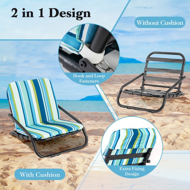 Low folding beach chair with cushion, blue stripes, featuring a lightweight aluminum frame for outdoor comfort and.