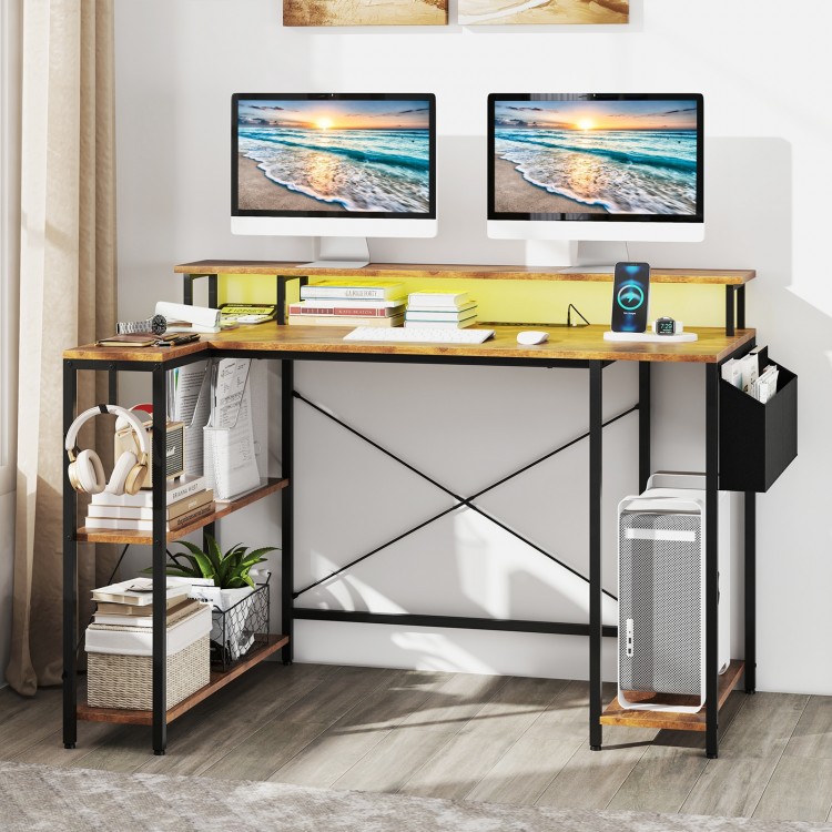 L-shaped gaming desk in rustic brown with LED lights, adjustable monitor stand, and ample storage for accessories.