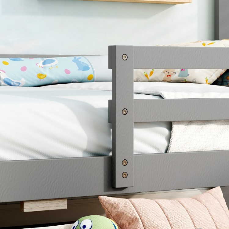 Kids twin size bed with gray solid wood frame, featuring a writable blackboard and storage drawers for imaginative play.
