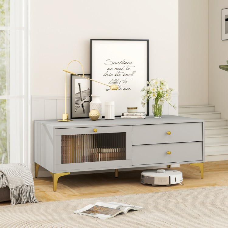 Gray TV stand featuring a wide countertop, spacious compartment, and dual drawers, ideal for a 55-inch TV.