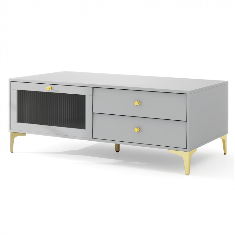Gray TV stand with compartment and drawers, featuring elegant design and gold legs, perfect for 55-inch TVs.