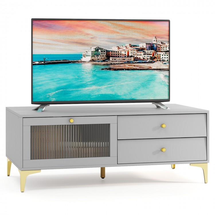 Gray TV stand with compartment and drawers, designed for 55-inch TVs, featuring elegant glass and sturdy metal legs.