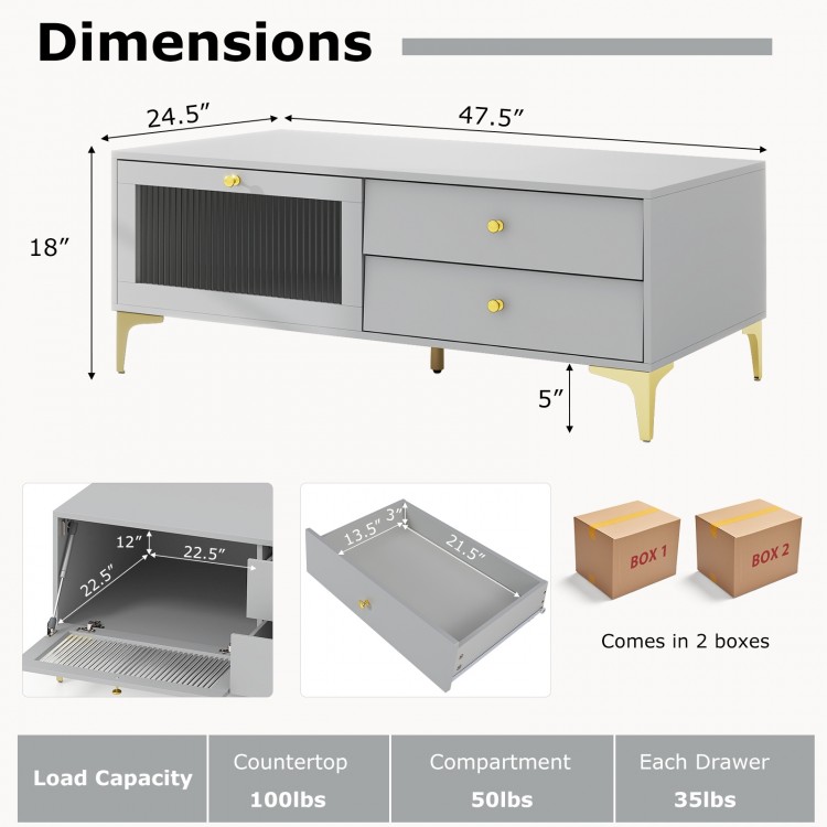 Gray TV stand with compartment and drawers, featuring a wide countertop for 55-inch TVs and elegant tempered glass.