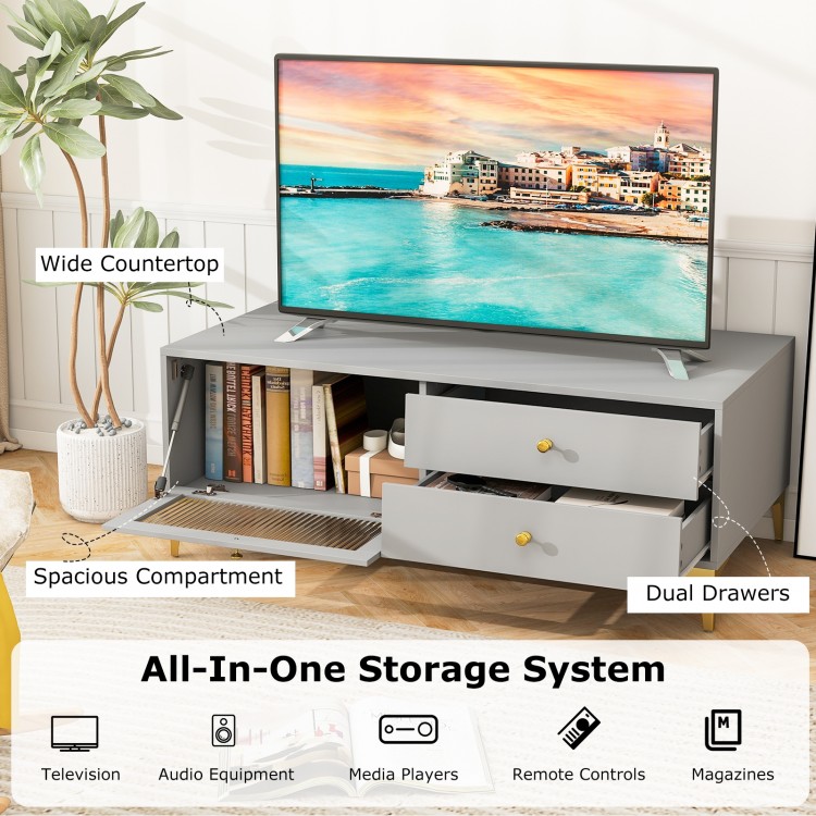 Gray TV stand featuring a wide countertop, spacious compartment, and dual drawers for versatile storage solutions.