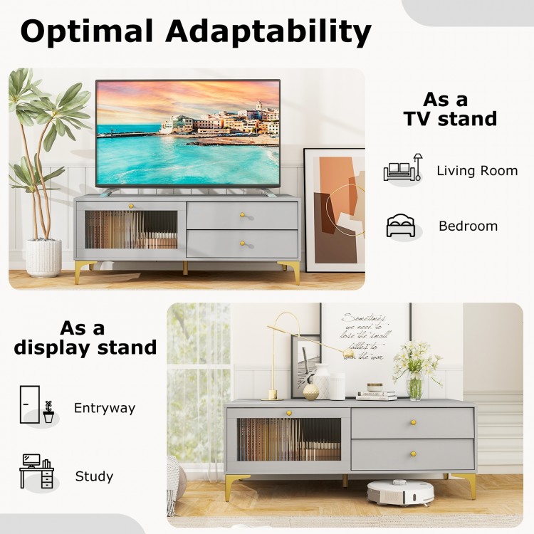 Gray TV stand with compartments and drawers, suitable for 55-inch TVs, versatile for living room or entryway use.