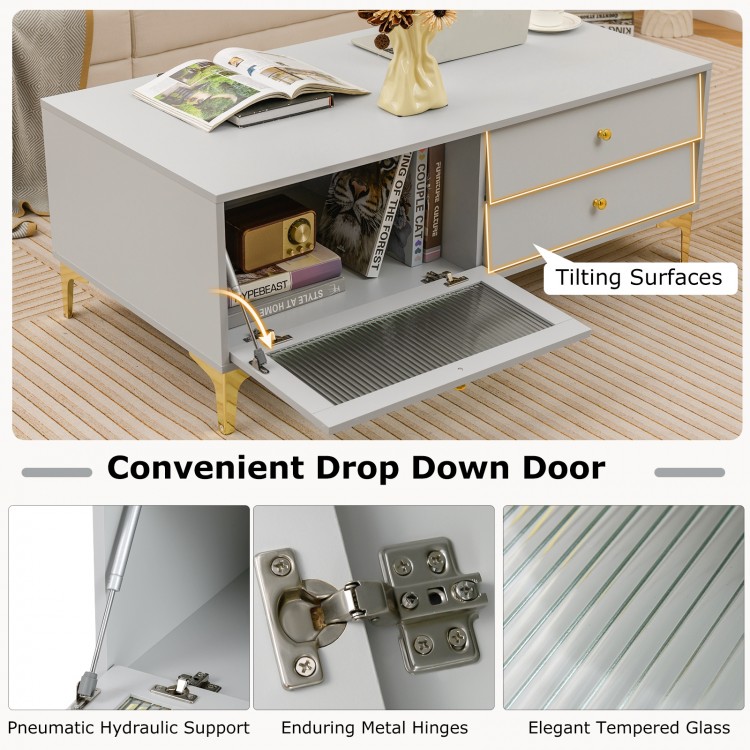 Gray TV stand featuring a convenient drop down door, spacious compartment, and dual drawers for versatile storage.