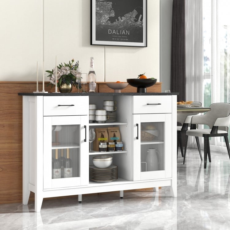 White sideboard buffet cabinet with faux marble top, featuring 2 drawers and 4 adjustable shelves for versatile storage.
