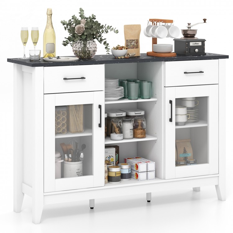 White sideboard buffet cabinet showcasing elegant transparent doors and ample storage with 3 open cubes and 2 drawers.