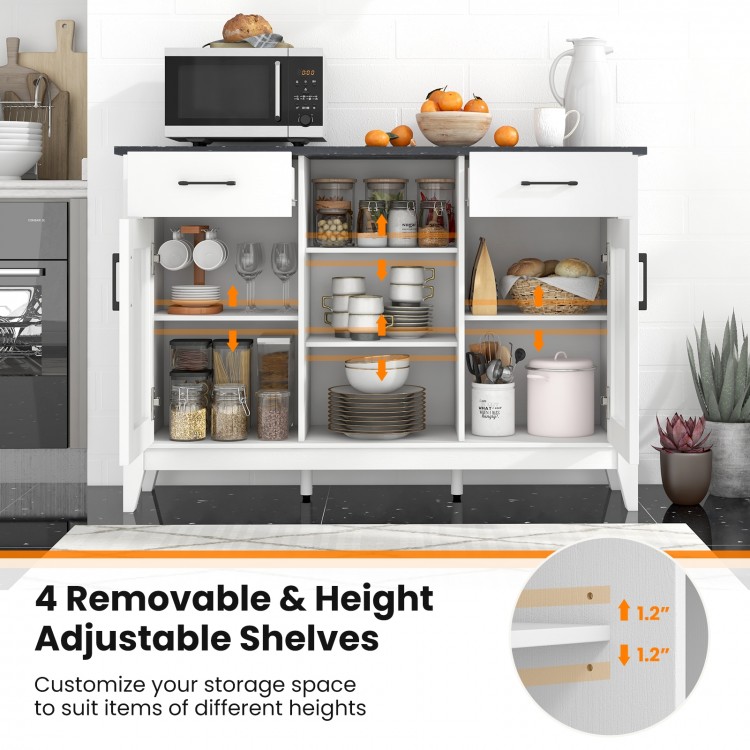 Sideboard buffet cabinet in white featuring 2 drawers and 4 height adjustable shelves for versatile storage solutions.