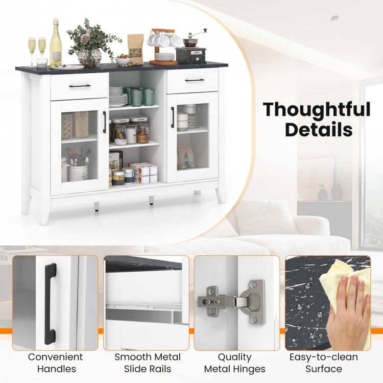 Sideboard buffet cabinet in white with faux marble top, featuring 2 drawers and 4 adjustable shelves for versatile.