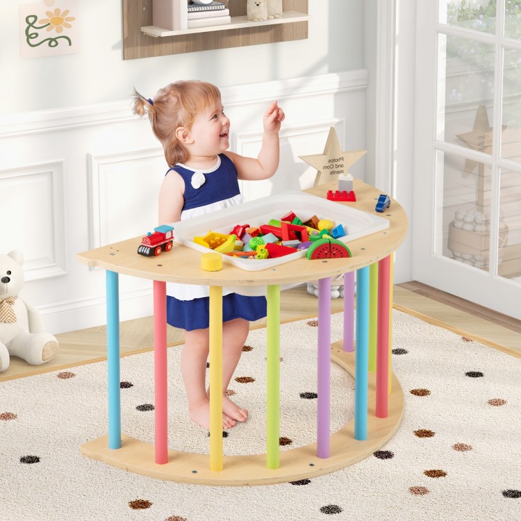 Colorful 6 in 1 kids climbing arch playset with removable cushion, featuring a sensory table for safe play and storage.