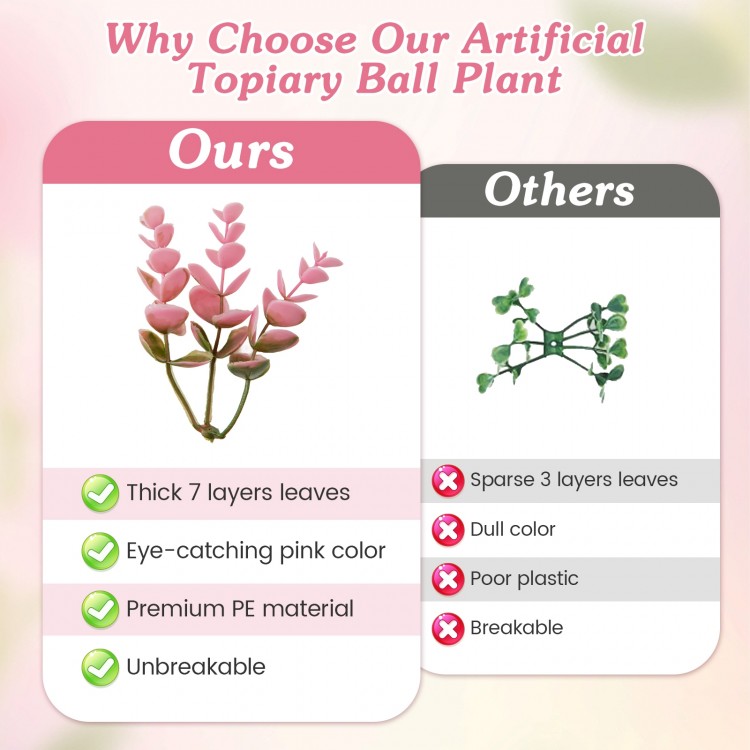 Faux pink eucalyptus decorative ball plant with thick 7-layer leaves, made of durable PE material for garden or porch.