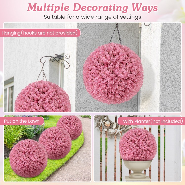 Faux pink eucalyptus decorative ball with 7 layers of leaves, ideal for garden, porch, or wedding decor.