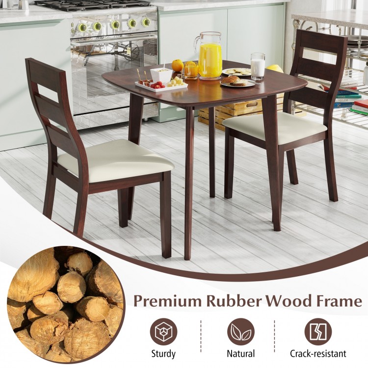 3-piece walnut dining table set with sturdy rubber wood frame and cushioned chairs, ideal for kitchen or dining room.